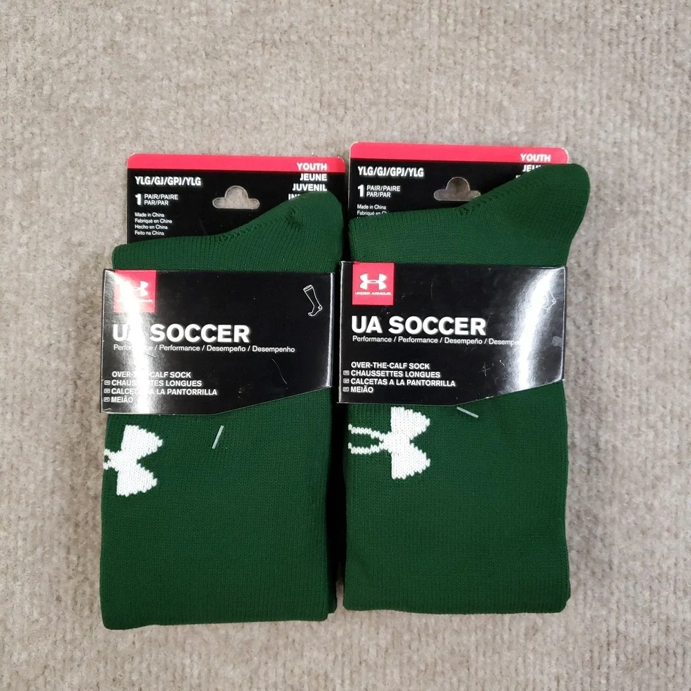Lot of 2 Pairs Under Armour Soccer Socks Youth Large Green Over Calf Performance